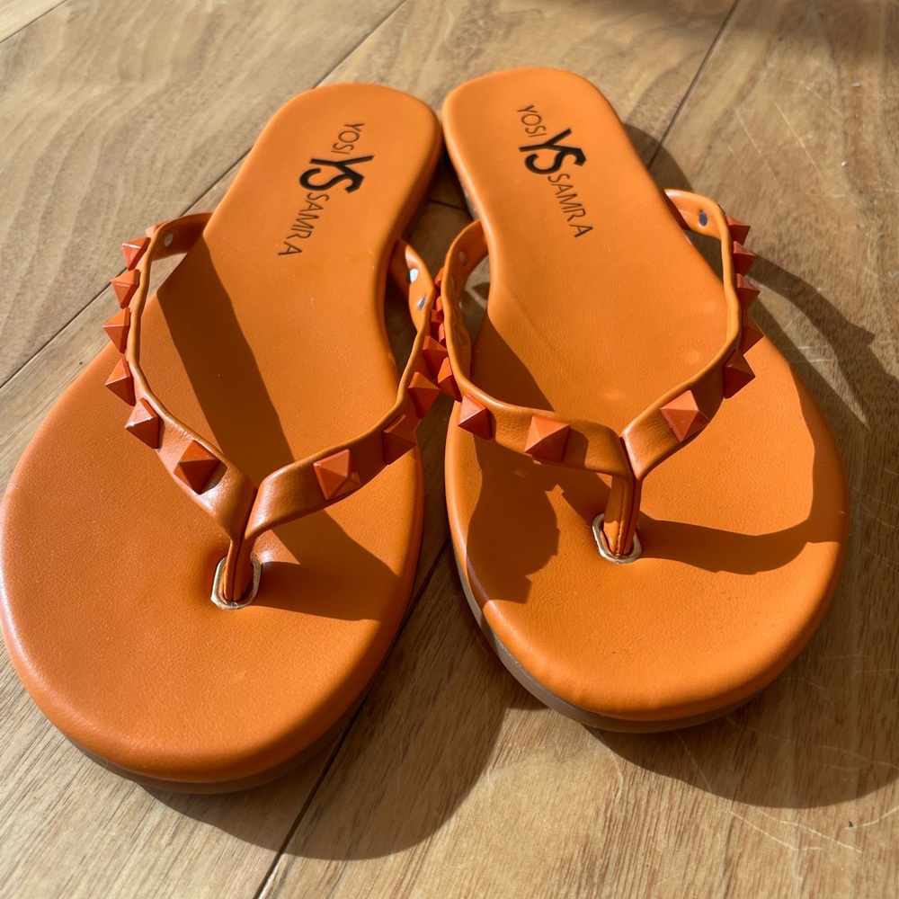 Yosi Samra Orange Studded Rivington Flip Flops with Black Satin Bag
